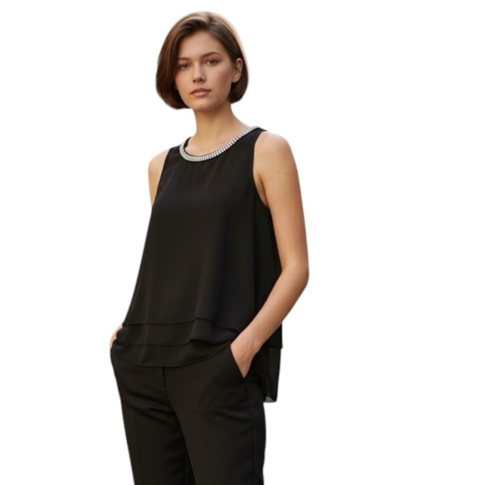 MSK Black Asymmetrical Top with Silver Bead Accents
